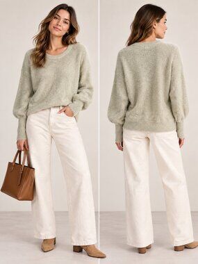 Callahan Knitwear Ivory Fuzzy Balloon Sleeve Pullover Sweater XL Style # 8206